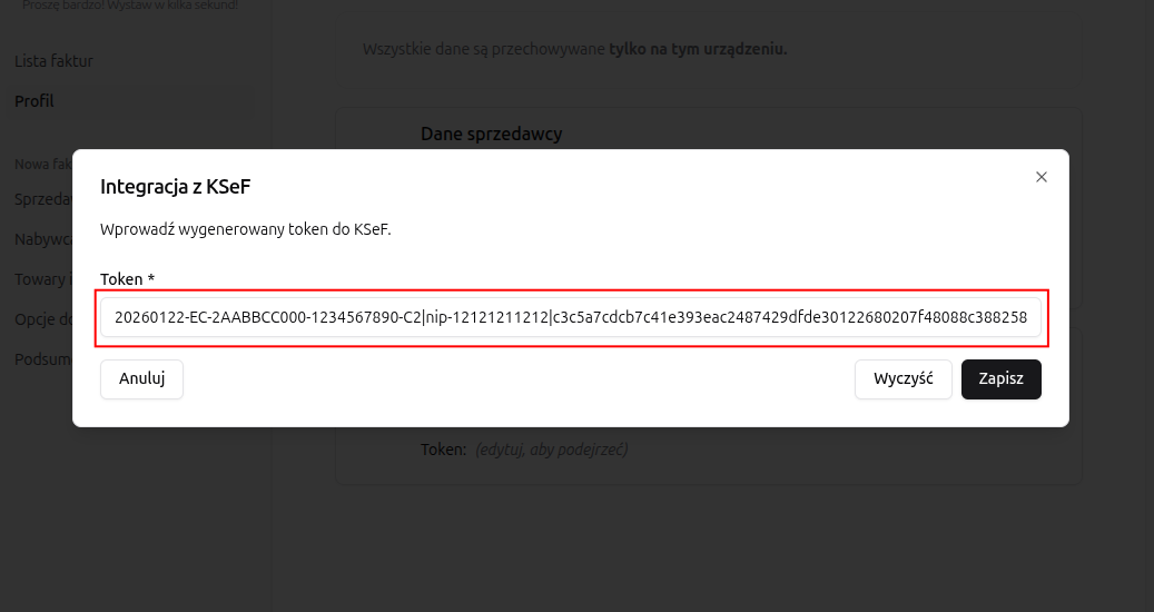 Edycja tokena KSeF w profilu